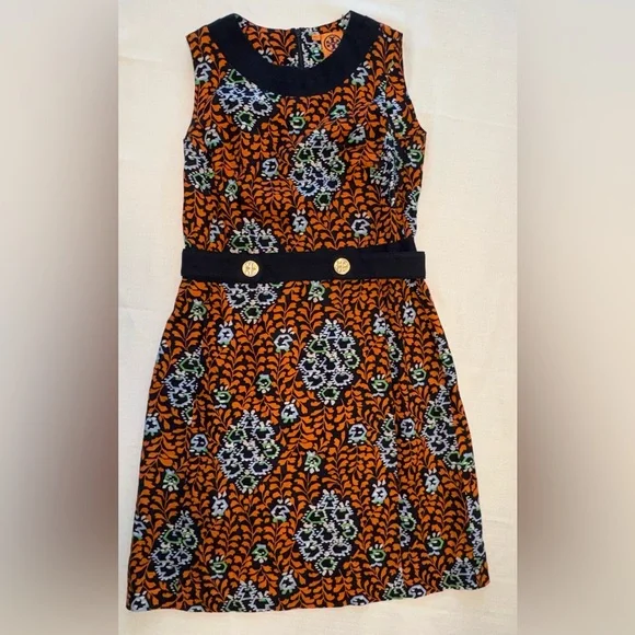 Tory Burch Melanie Linen Floral Sheath Dress Navy Orange Sleeveless Size 10 - Picture 3 of 6
